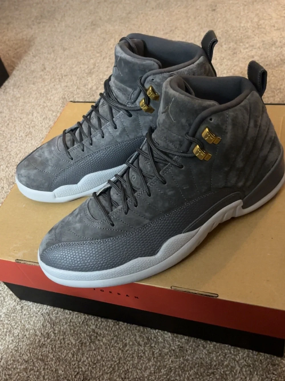 Jordan Men's Dark Grey and Black Suede Sneakers with Gold Accents
